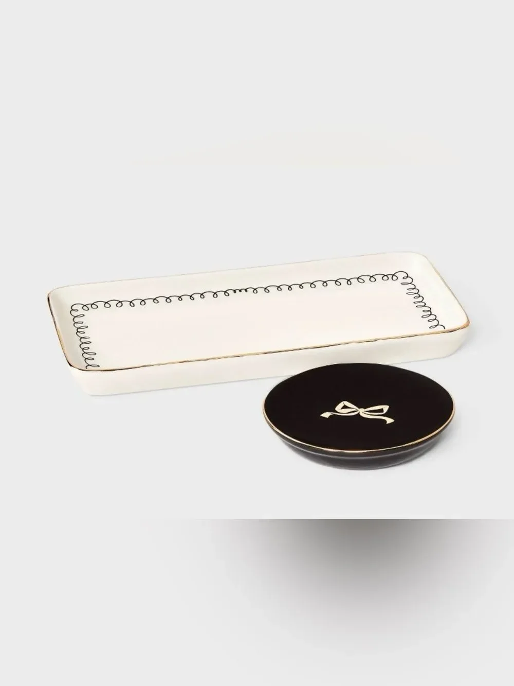 a new day White Black Gold Bow Print 2 pc Trinket Dish Trays